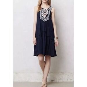 Anthropologie Maeve Tisa Swing Dress Floral Embroidered Size 4 Blue Boho Pink